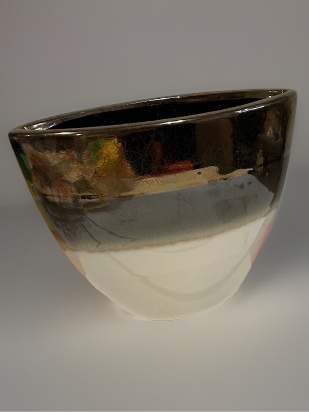 Three Tone Ceramic Vase. Cream, tan, and gold colouring. Thin oval opening